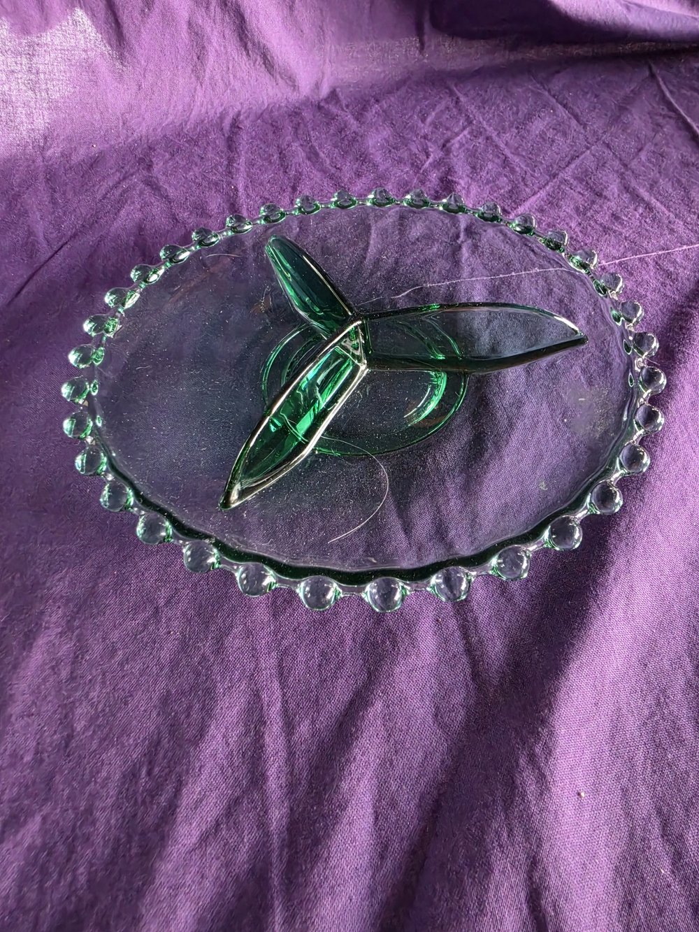 Candlewick 3 Section Divided Dish With Beaded Edge. Vintage. Emerald Green